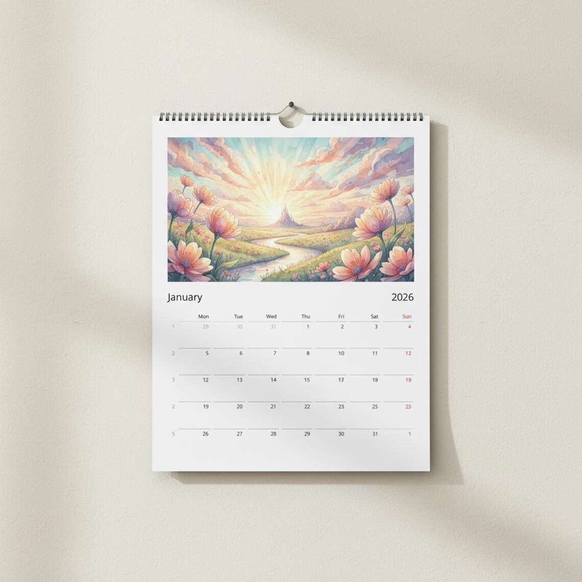 2026 Fantasy Watercolor Wall Calendar cover with vivid yellow and pink wildflowers on a deep blue watercolor wash