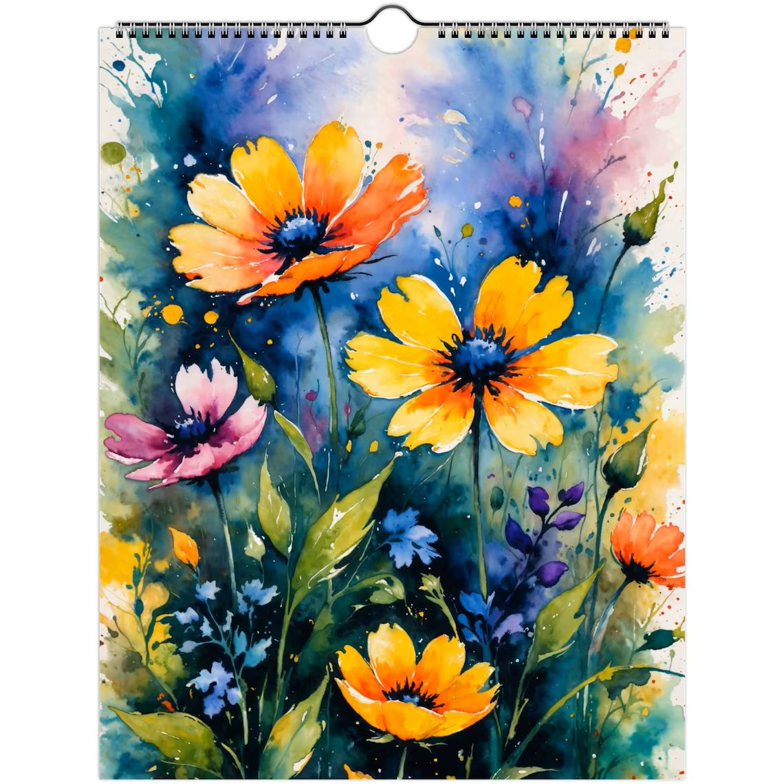 2026 Wildflower Watercolor Wall Calendar showing the January spread with a sunlit floral landscape