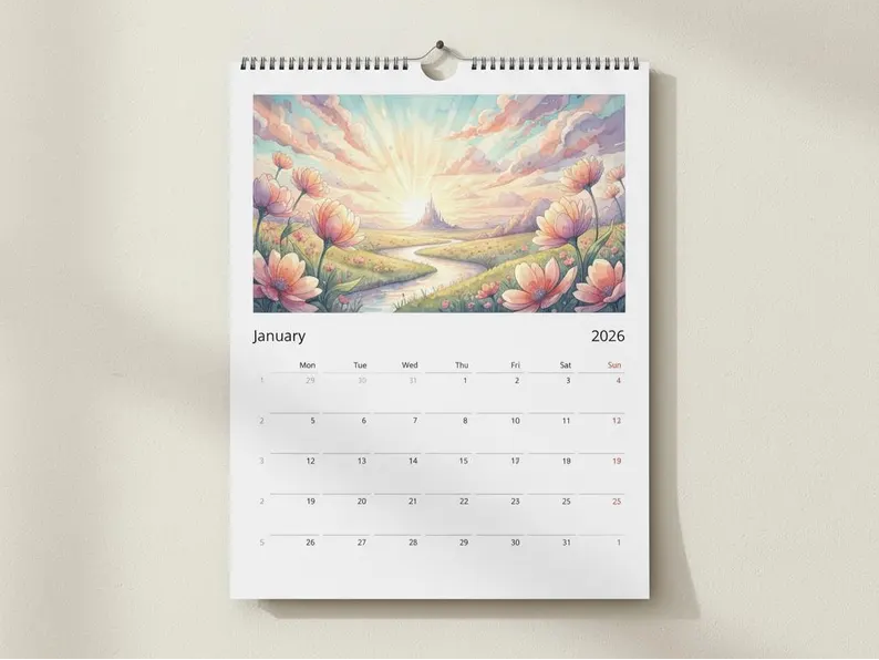 Watercolor wall calendar showing January 2026