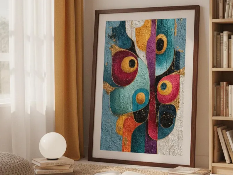 Framed coastal sailboat print on a living-room wall