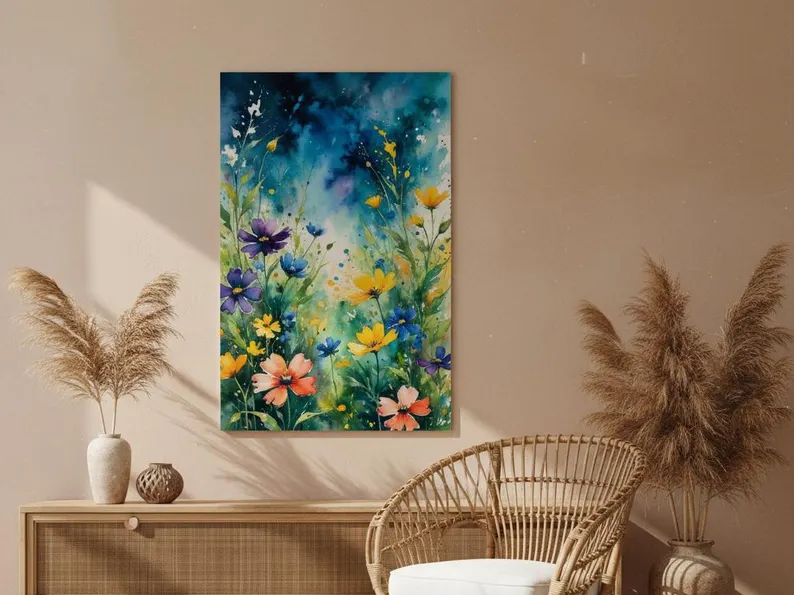 Unframed wildflower watercolor poster on a warm beige wall with rattan chair