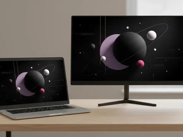 Cosmic wallpaper displayed on a desktop monitor and laptop on a wooden desk
