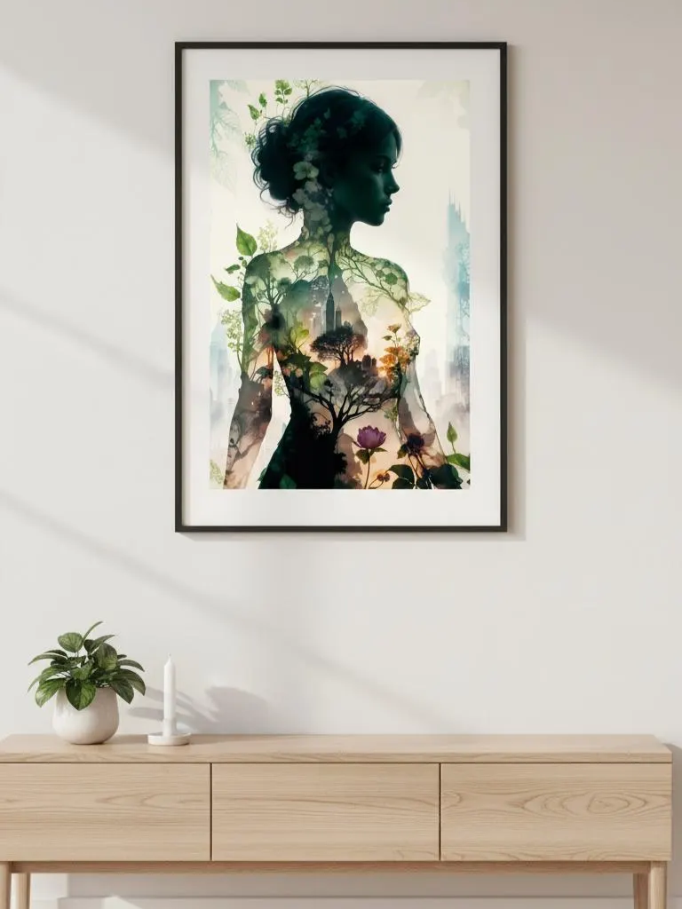 Nature goddess silhouette with botanical and city overlay, framed in black