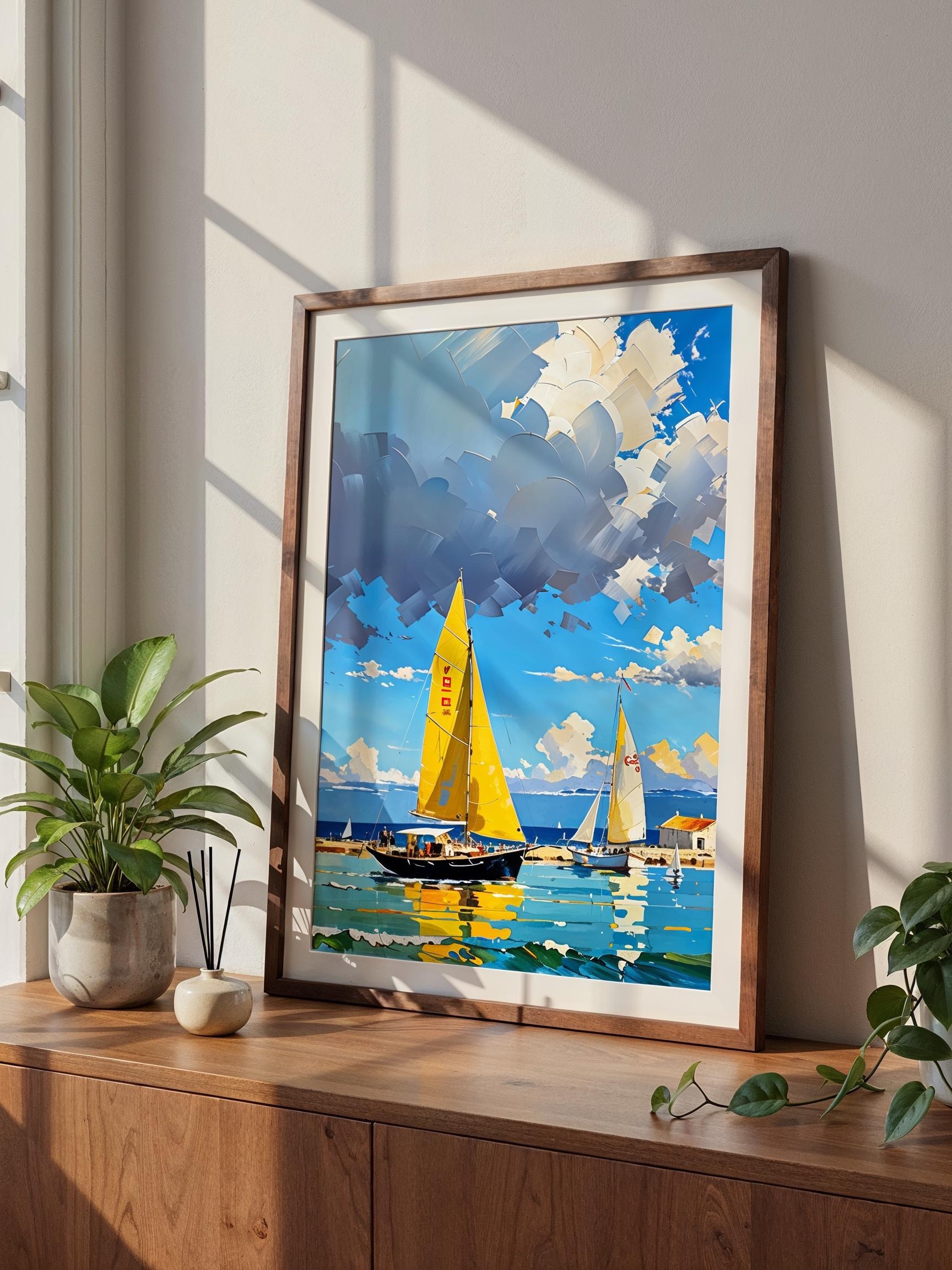 Sunlit harbor sailboat painting framed in walnut, leaning on a wooden console with a fern
