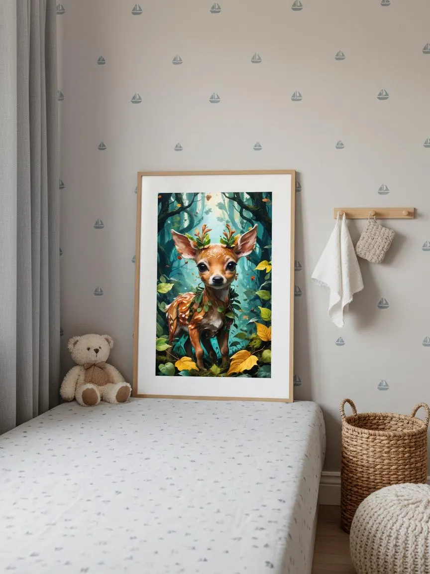 Whimsical woodland fawn poster in a child's room with sailboat wallpaper