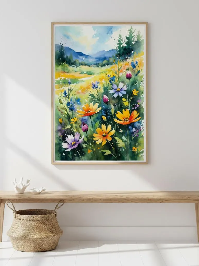 Wildflower meadow watercolor in a wooden frame above a pale wood bench