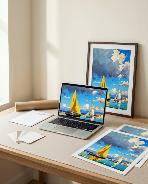Sunlit studio desk with a laptop displaying a sailboat painting next to a framed print and paper samples