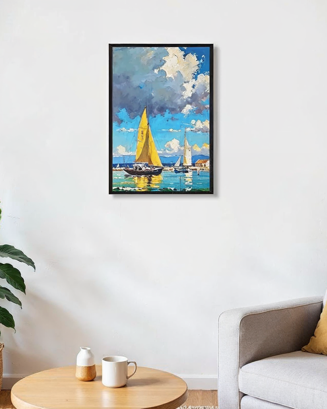 Sunlit Harbor sailboat art print framed in wood, hung in a child's room over a rattan dresser