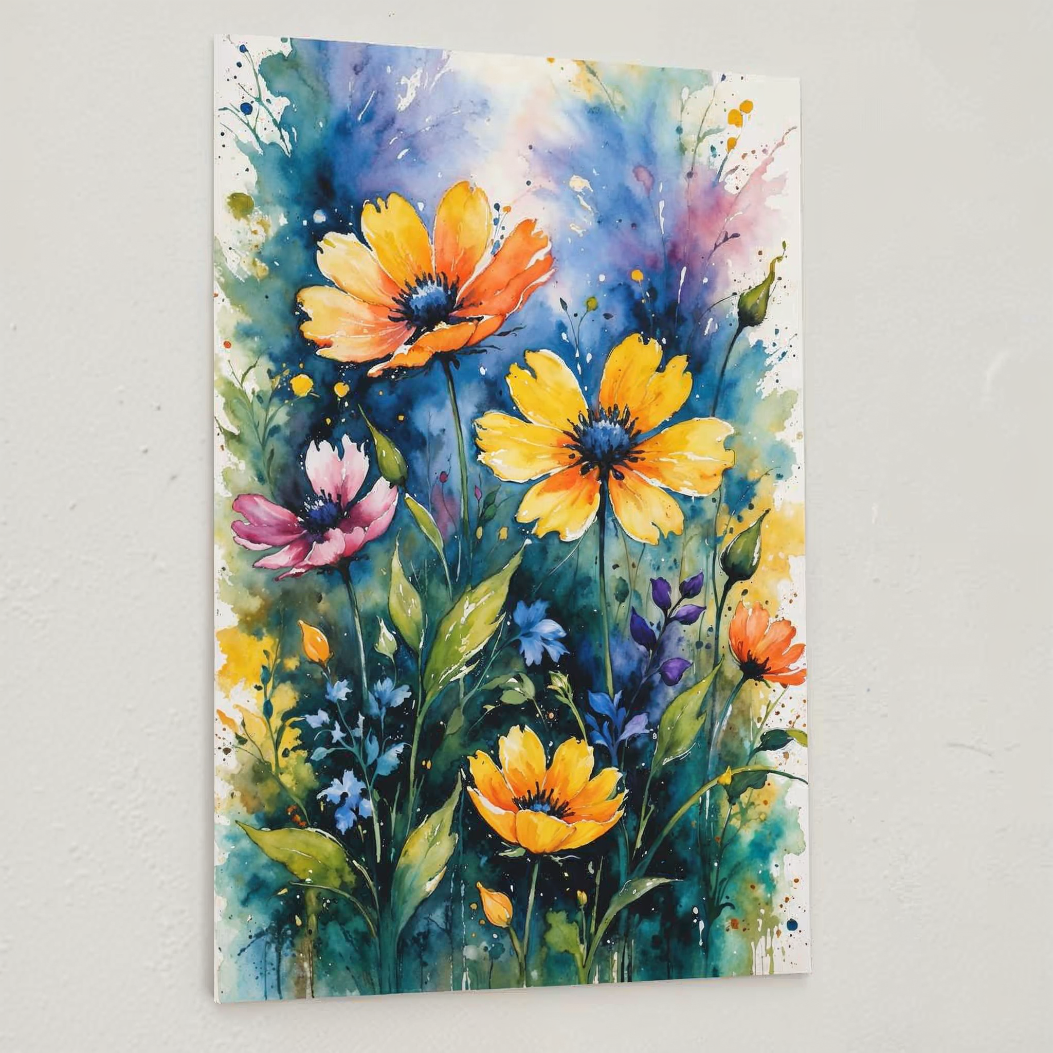 Wildflower Meadow watercolor poster mounted on a soft white wall