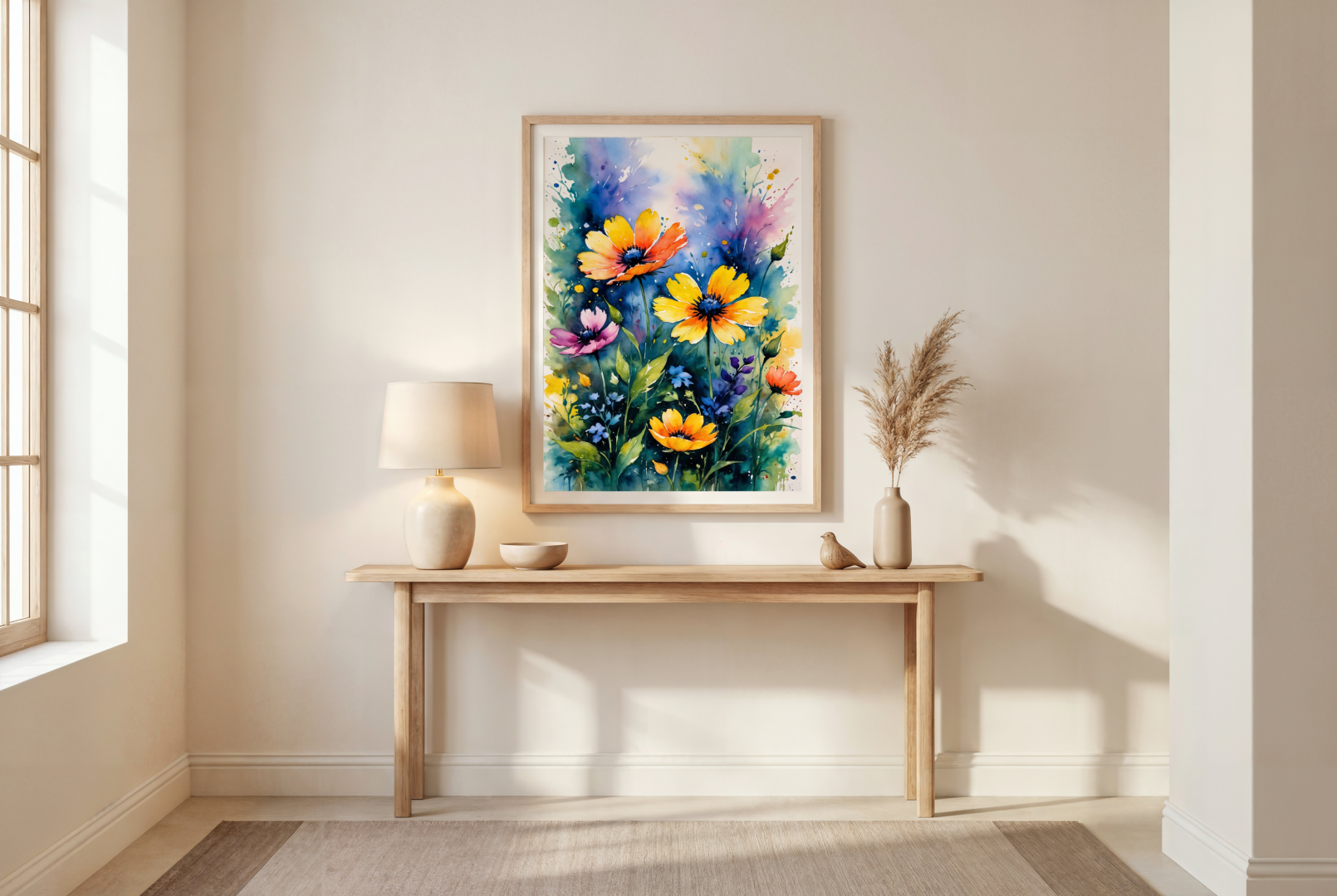 Hallway console table with a framed colorful floral artwork